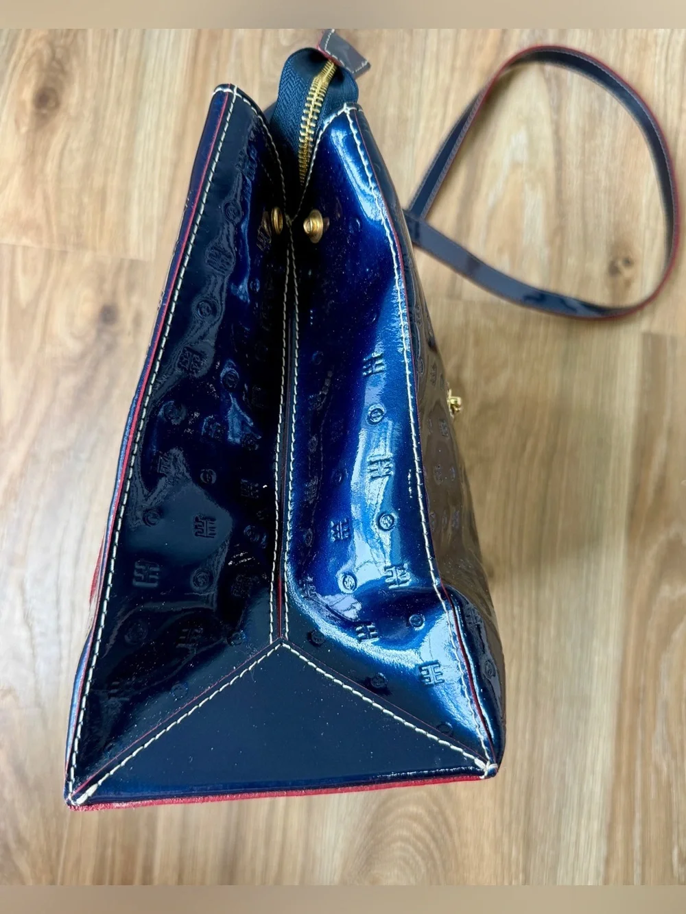 Arcadia Made in Italy Navy Blue Patent Leather Embossed Satchel Tote Bag